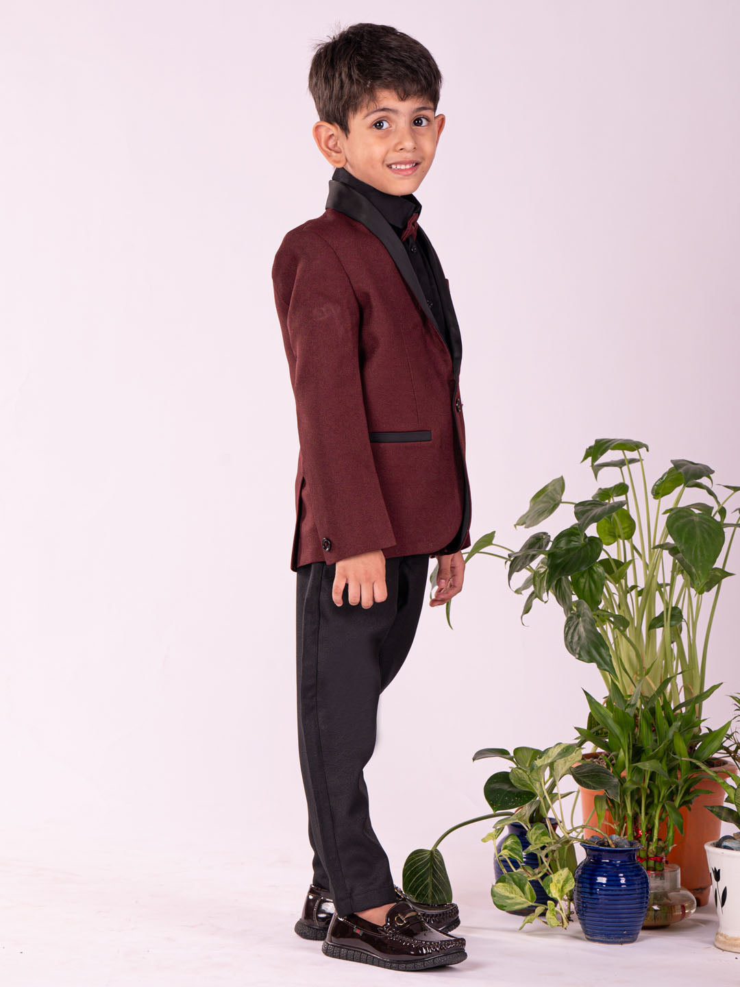 VASTRAMAY Boys' Black And Maroon Shirt Blazer And Pant