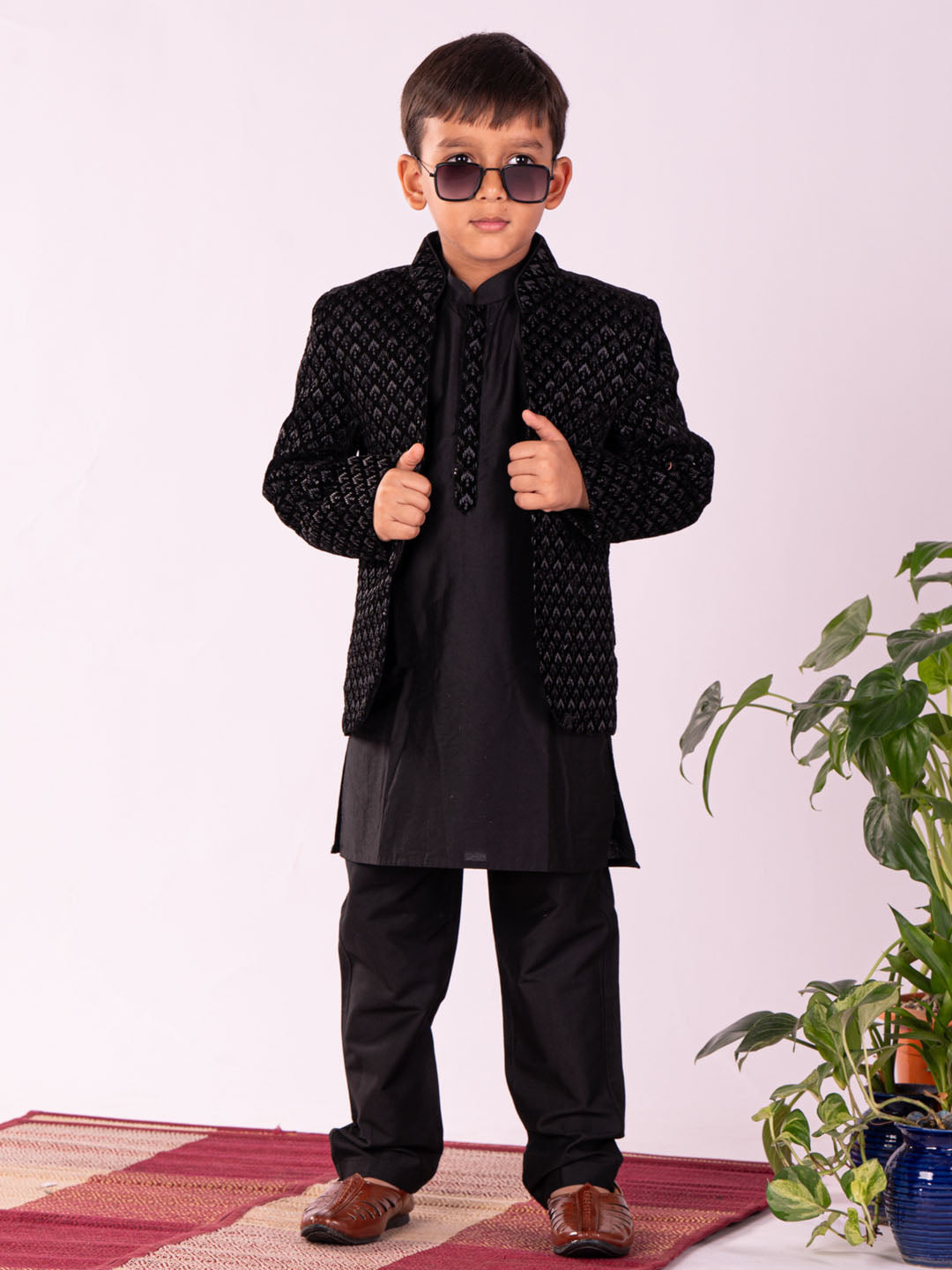 VASTRAMAY Boys' Black Jodhpuri, Kurta and Pyjama Set