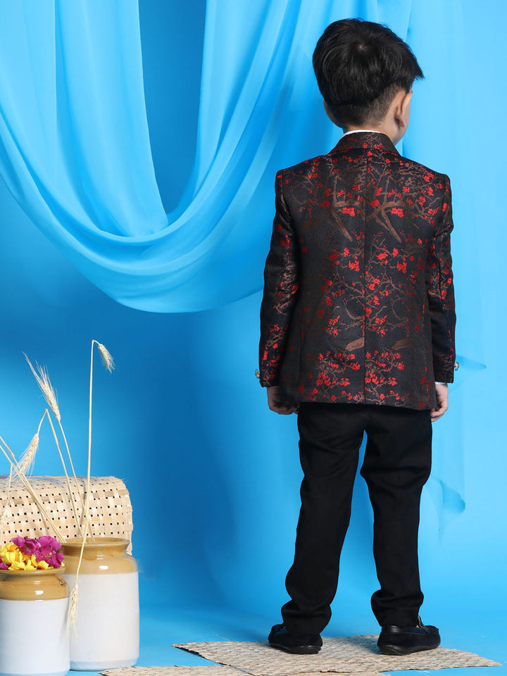 VASTRAMAY Red And Blue Jacquard Blazer Baap Beta Set