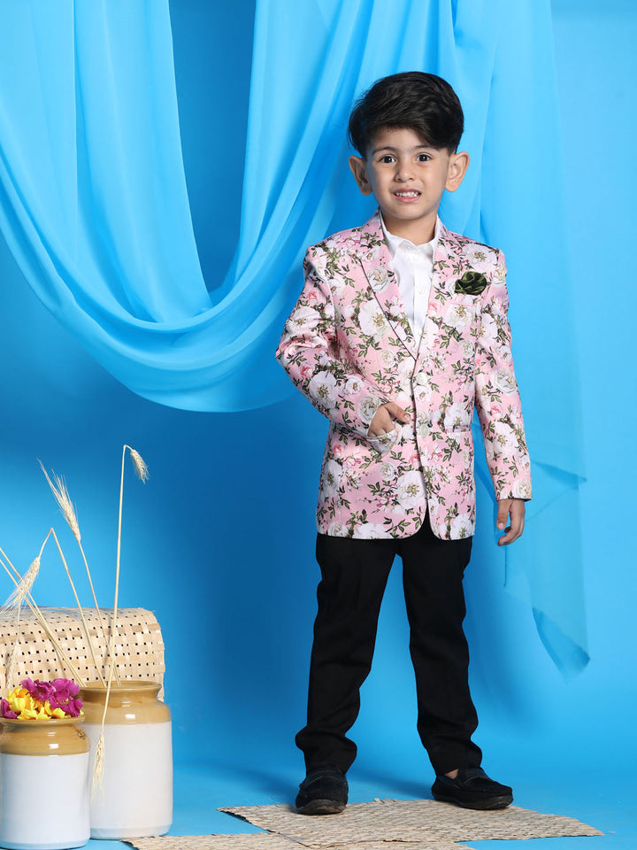 VASTRAMAY Boy's Pink Floral Printed Blazer