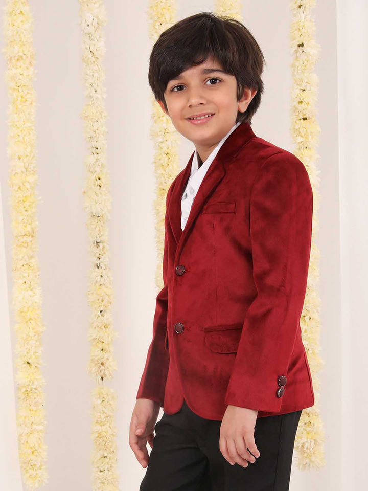 VASTRAMAY Boy's Maroon Velvet Blazer