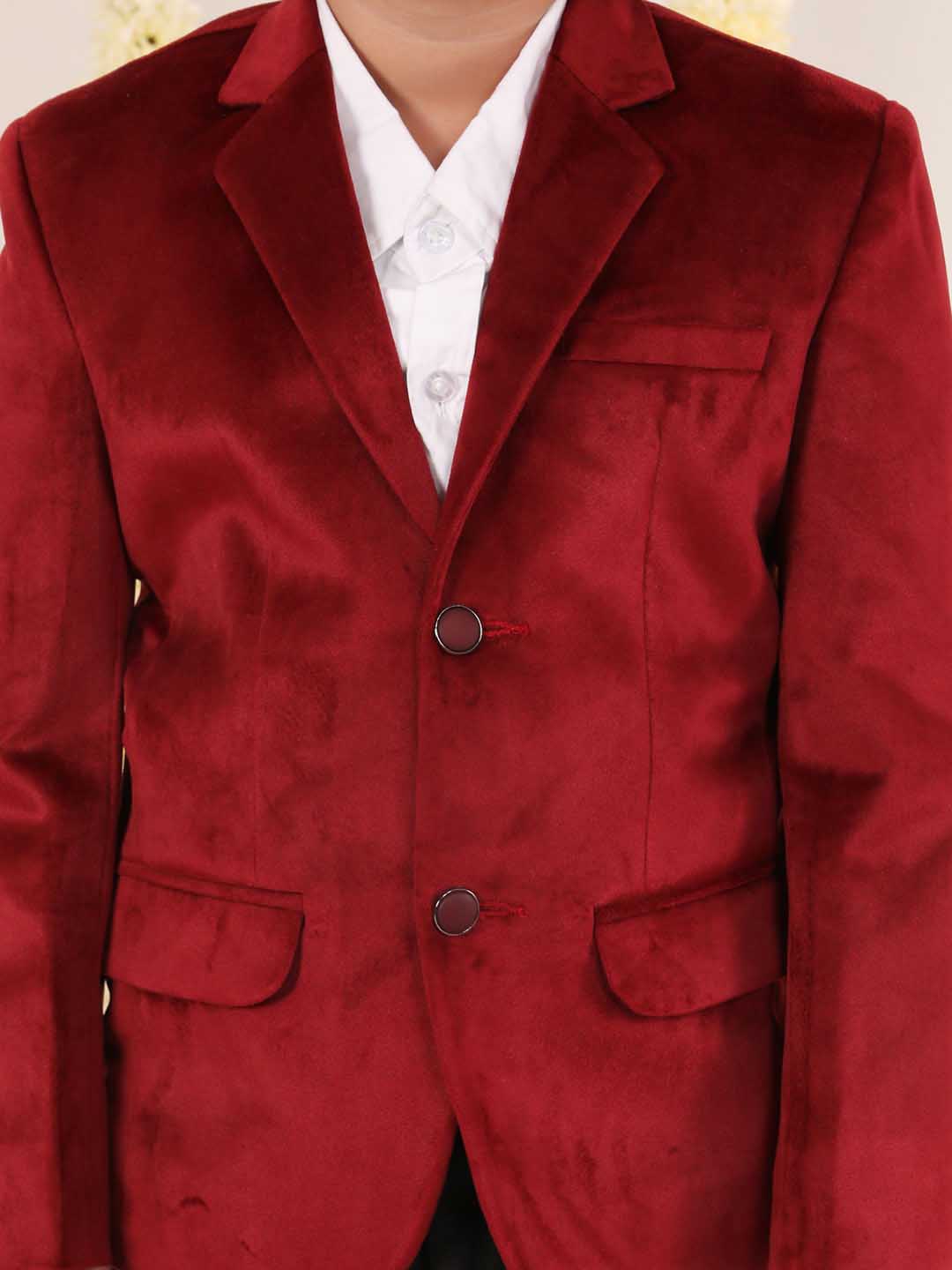 VASTRAMAY Boy's Maroon Velvet Blazer