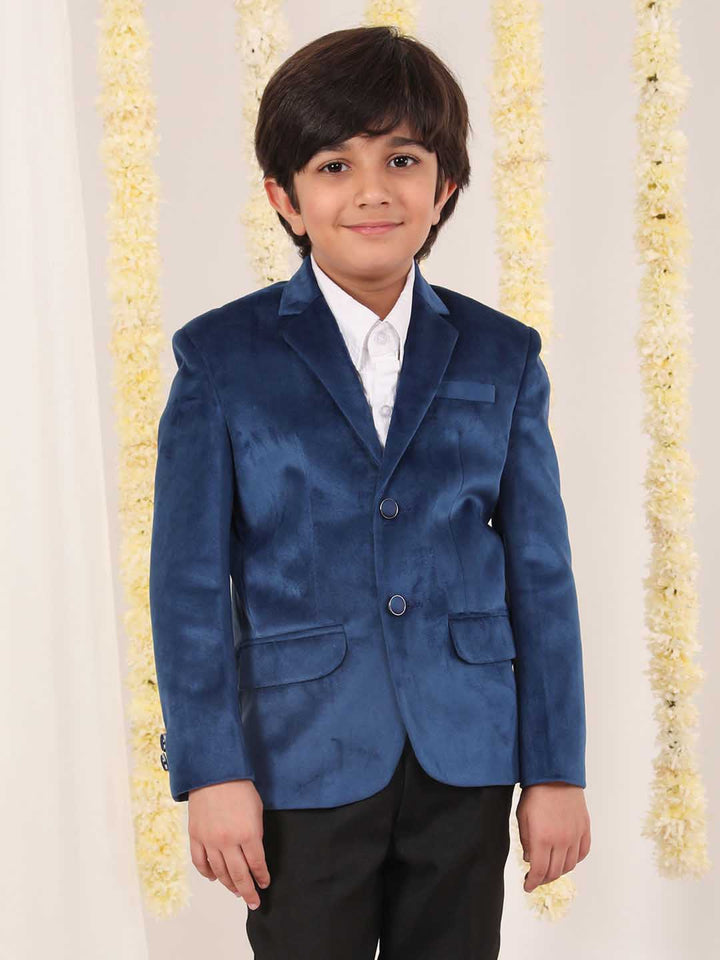 VASTRAMAY Boy's Navy Blue Velvet Blazer