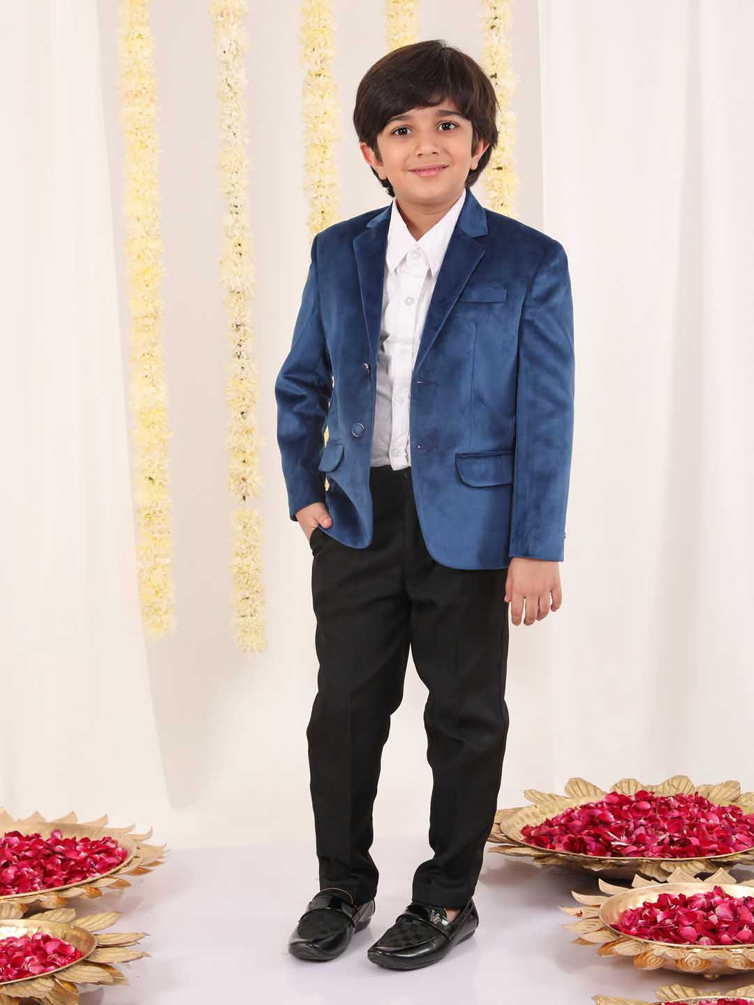 VASTRAMAY Boy's Navy Blue Velvet Blazer