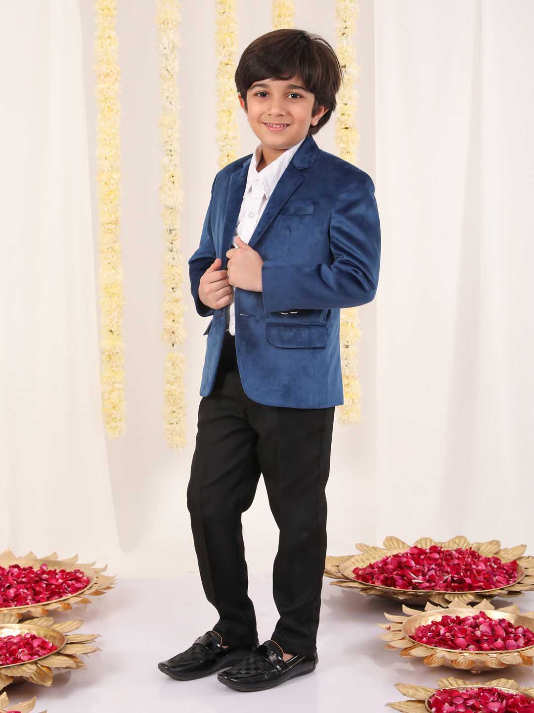 VASTRAMAY Boy's Navy Blue Velvet Blazer