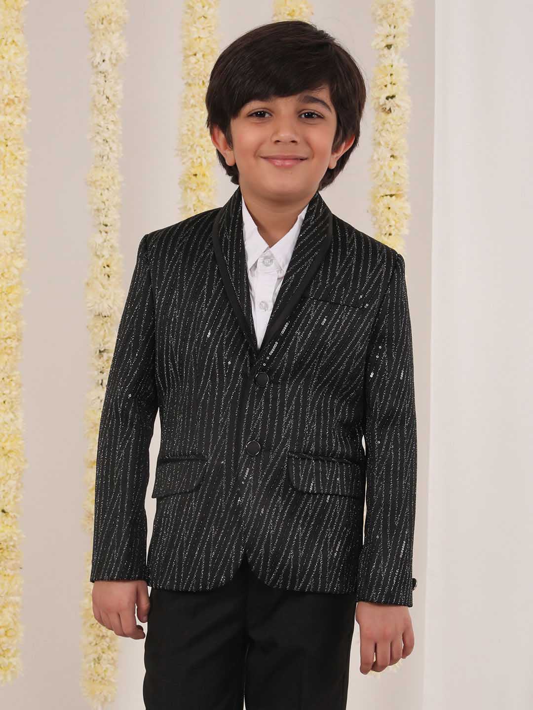 VASTRAMAY Boy's Black Sequined Blazer