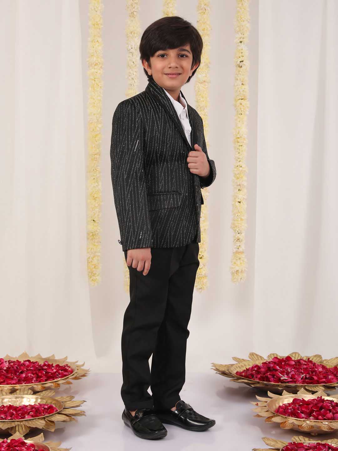 VASTRAMAY Boy's Black Sequined Blazer