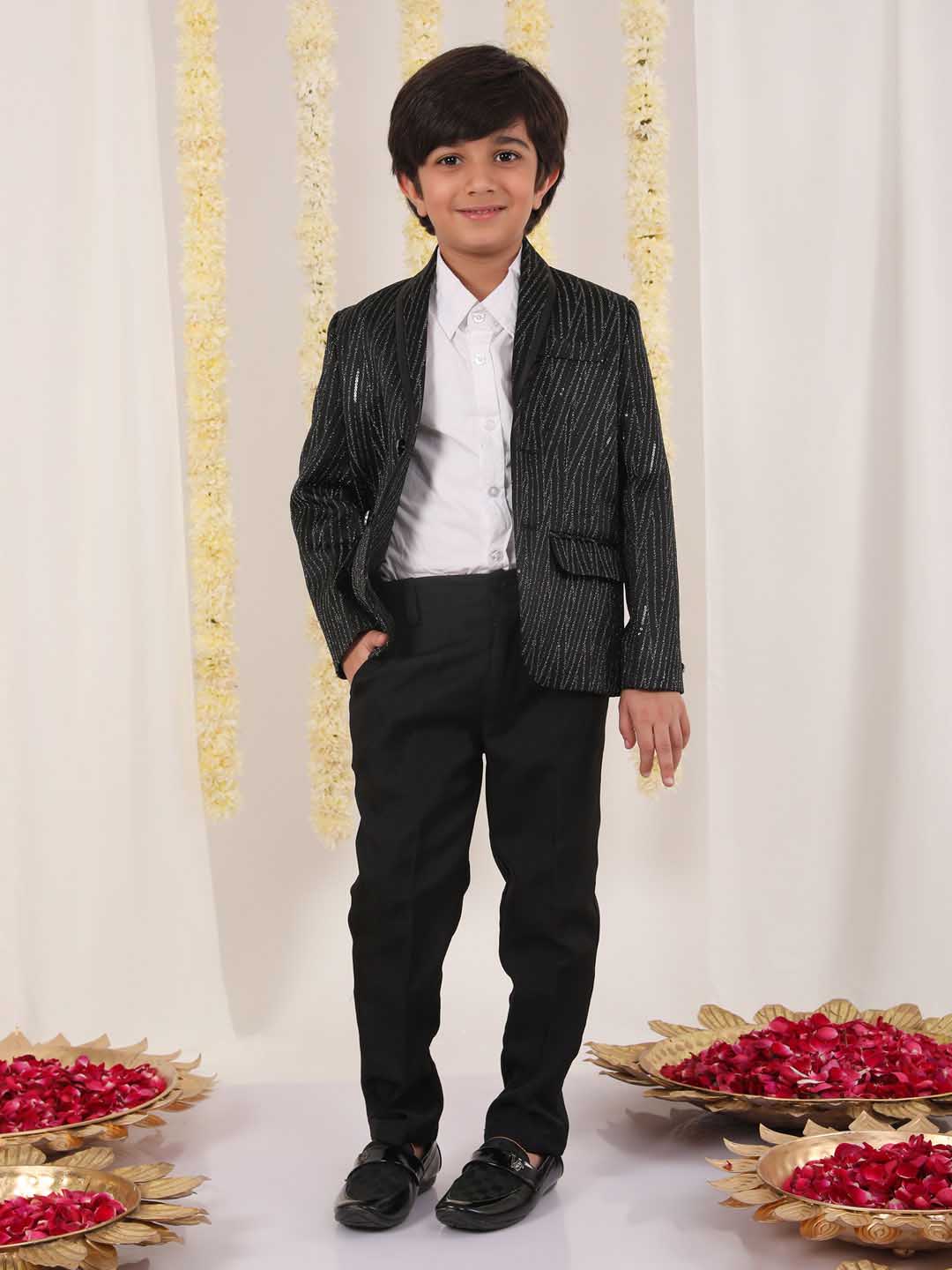 VASTRAMAY Boy's Black Sequined Blazer