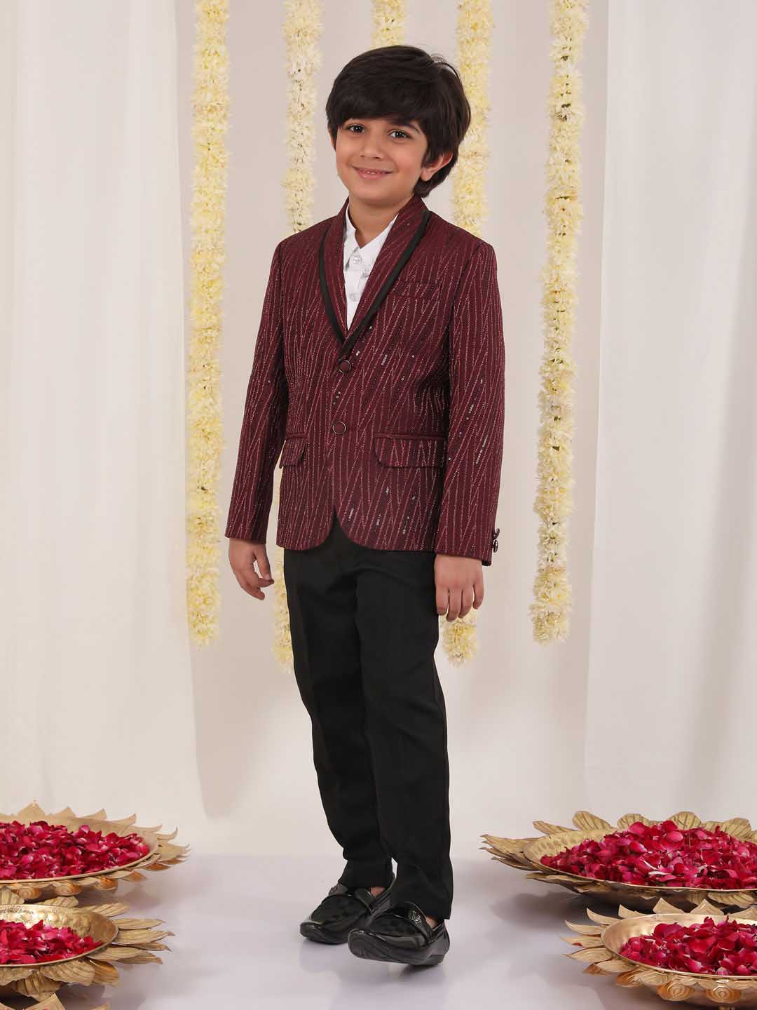 VASTRAMAY Boy's Maroon Sequined Blazer