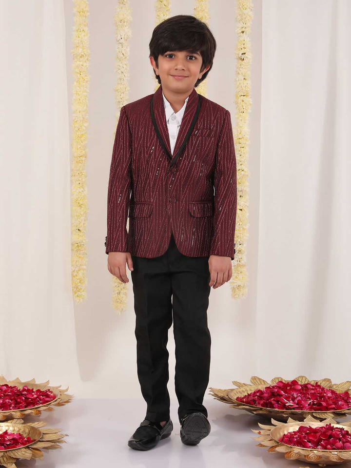 VASTRAMAY Boy's Maroon Sequined Blazer