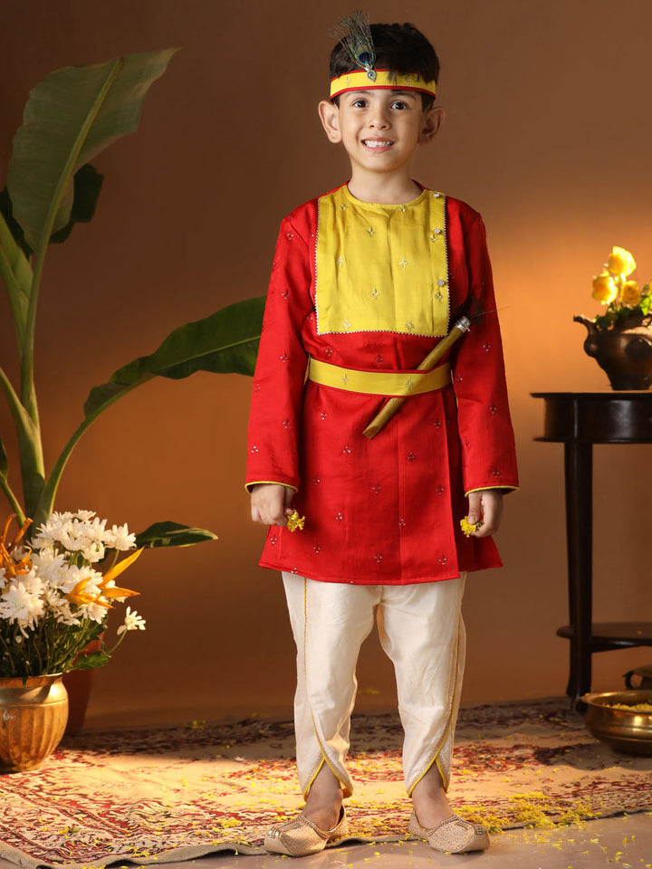 Vastramay Infant Boys' Red And Cream Silk Blend Kurta and Dhoti Set