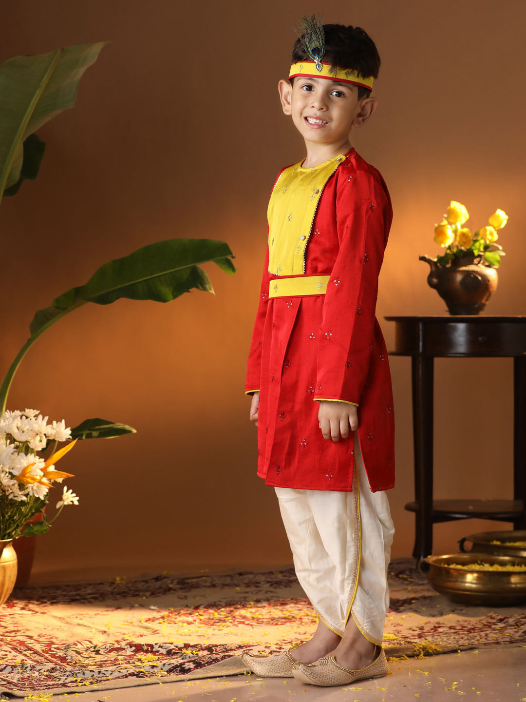 Vastramay Infant Boys' Red And Cream Silk Blend Kurta and Dhoti Set