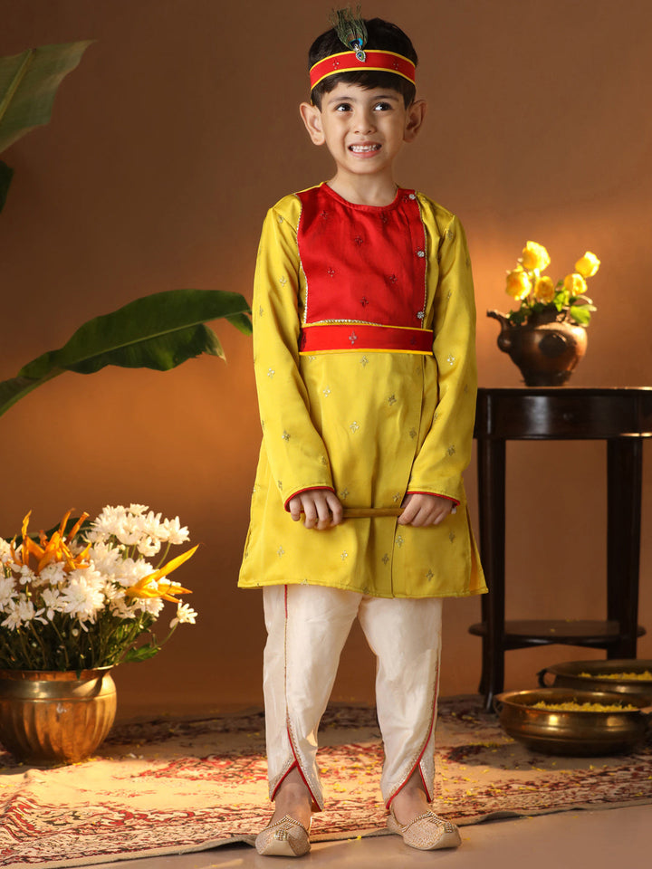 Vastramay Infant Boys' Yellow And Cream Silk Blend Kurta and Dhoti Set