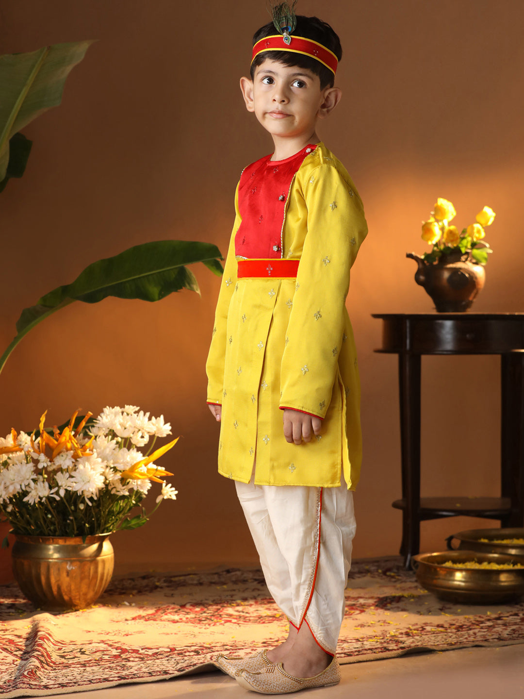 Vastramay Infant Boys' Yellow And Cream Silk Blend Kurta and Dhoti Set