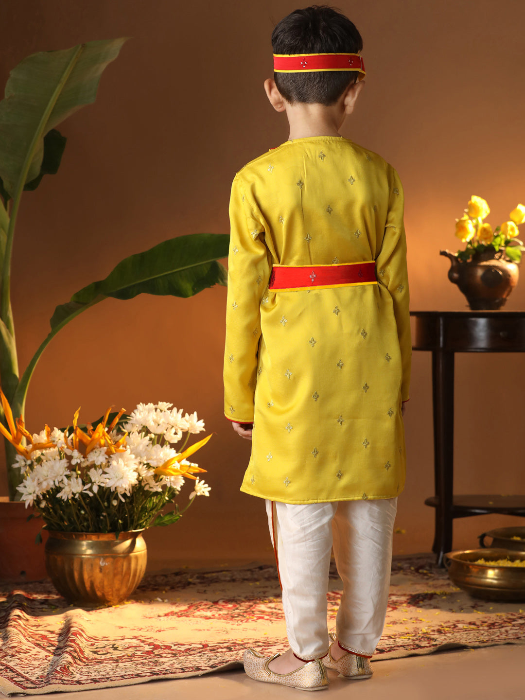 Vastramay Infant Boys' Yellow And Cream Silk Blend Kurta and Dhoti Set