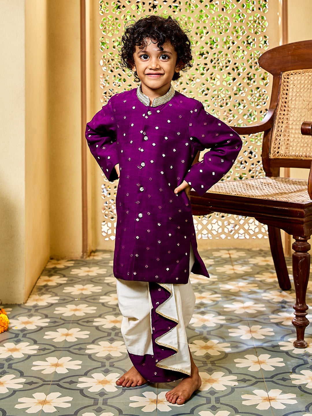 Vastramay Infant Boys' Purple And Cream Chanderi Kurta and Dhoti Set