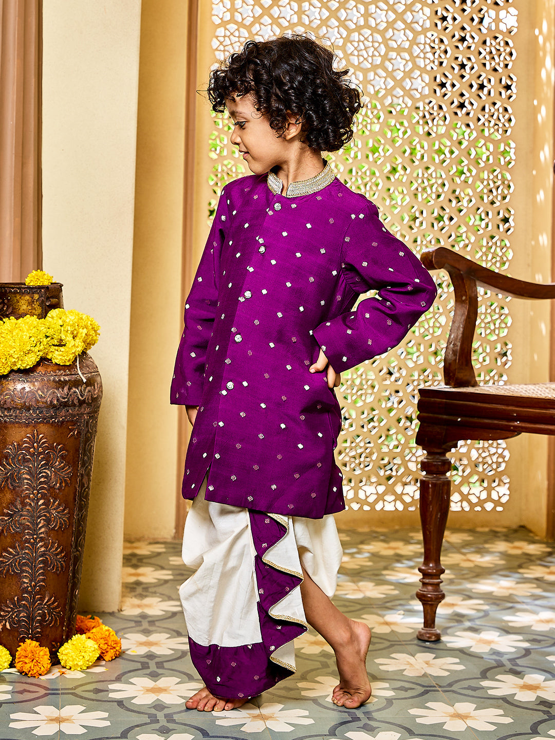 Vastramay Infant Boys' Purple And Cream Chanderi Kurta and Dhoti Set