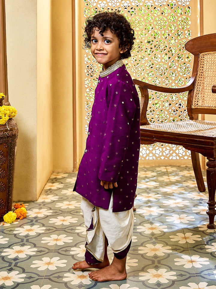 Vastramay Infant Boys' Purple And Cream Chanderi Kurta and Dhoti Set