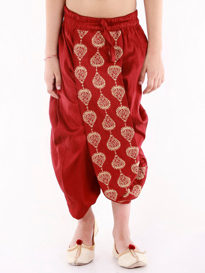 VASTRAMAY Boys' Maroon Traditional Embroidered Dhoti