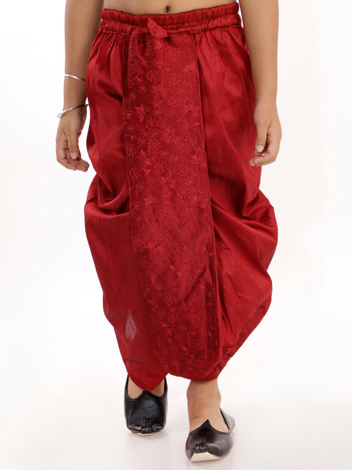 VASTRAMAY Boys' Maroon Silk Blend Embroidered Dhoti