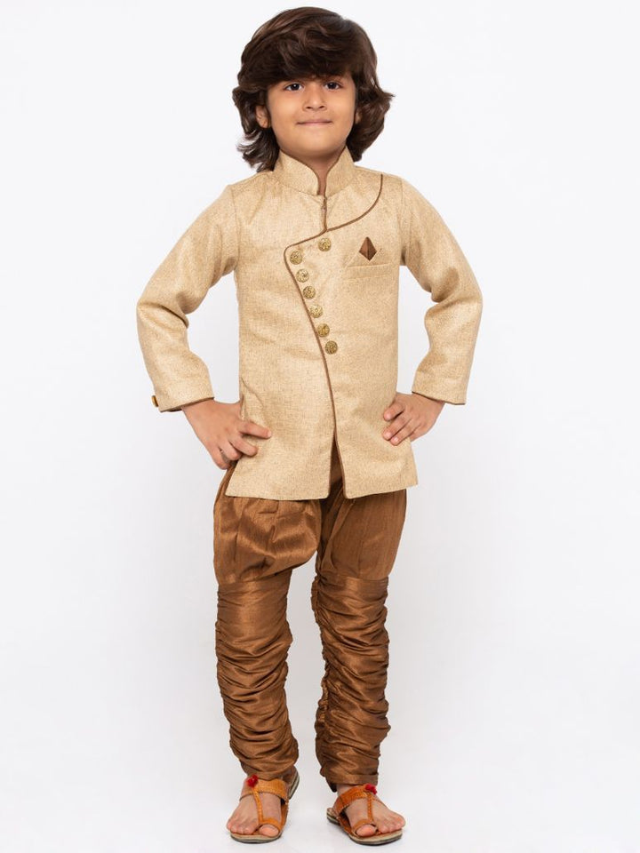 Vastramay Boys' Brown Cotton Silk Sherwani and Churidar Set