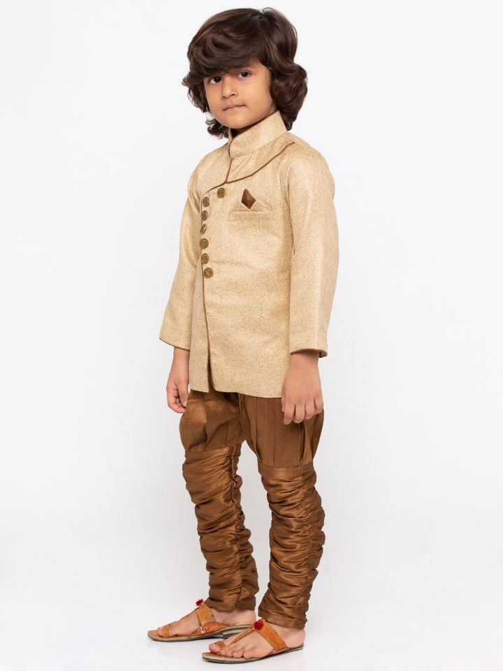 Vastramay Boys' Brown Cotton Silk Sherwani and Churidar Set