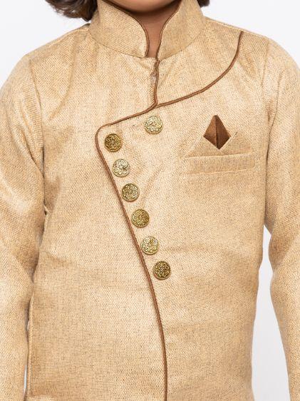 Vastramay Boys' Brown Cotton Silk Sherwani and Churidar Set