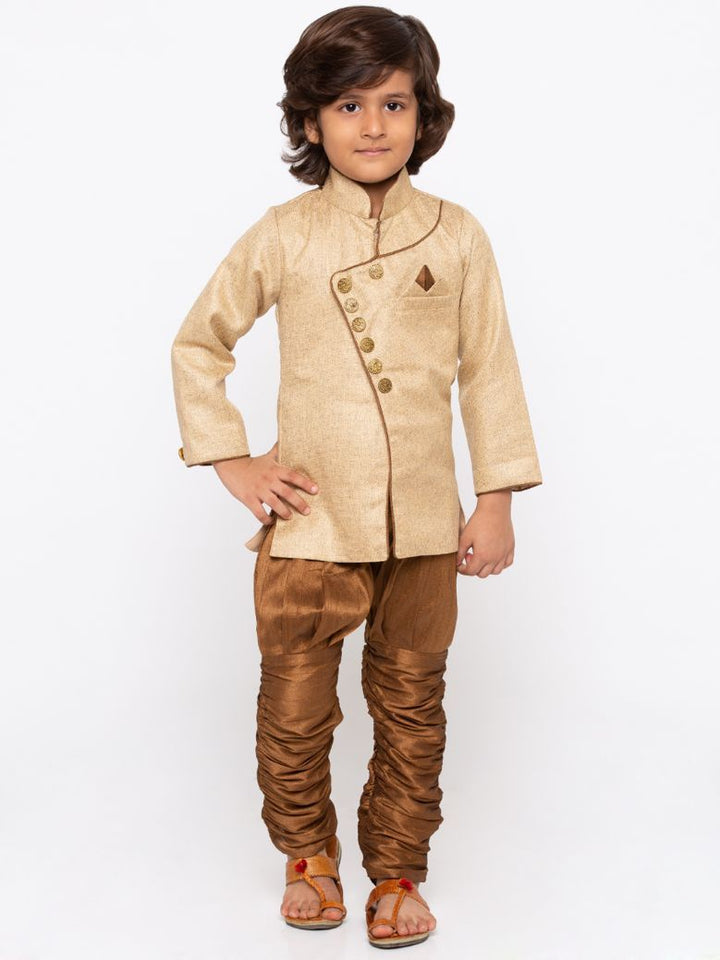 Vastramay Boys' Brown Cotton Silk Sherwani and Churidar Set