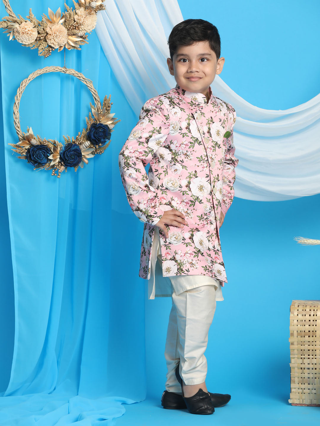 VASTRAMAY Boys' Multicolored-Base-Pink Indowestern Set - qivii