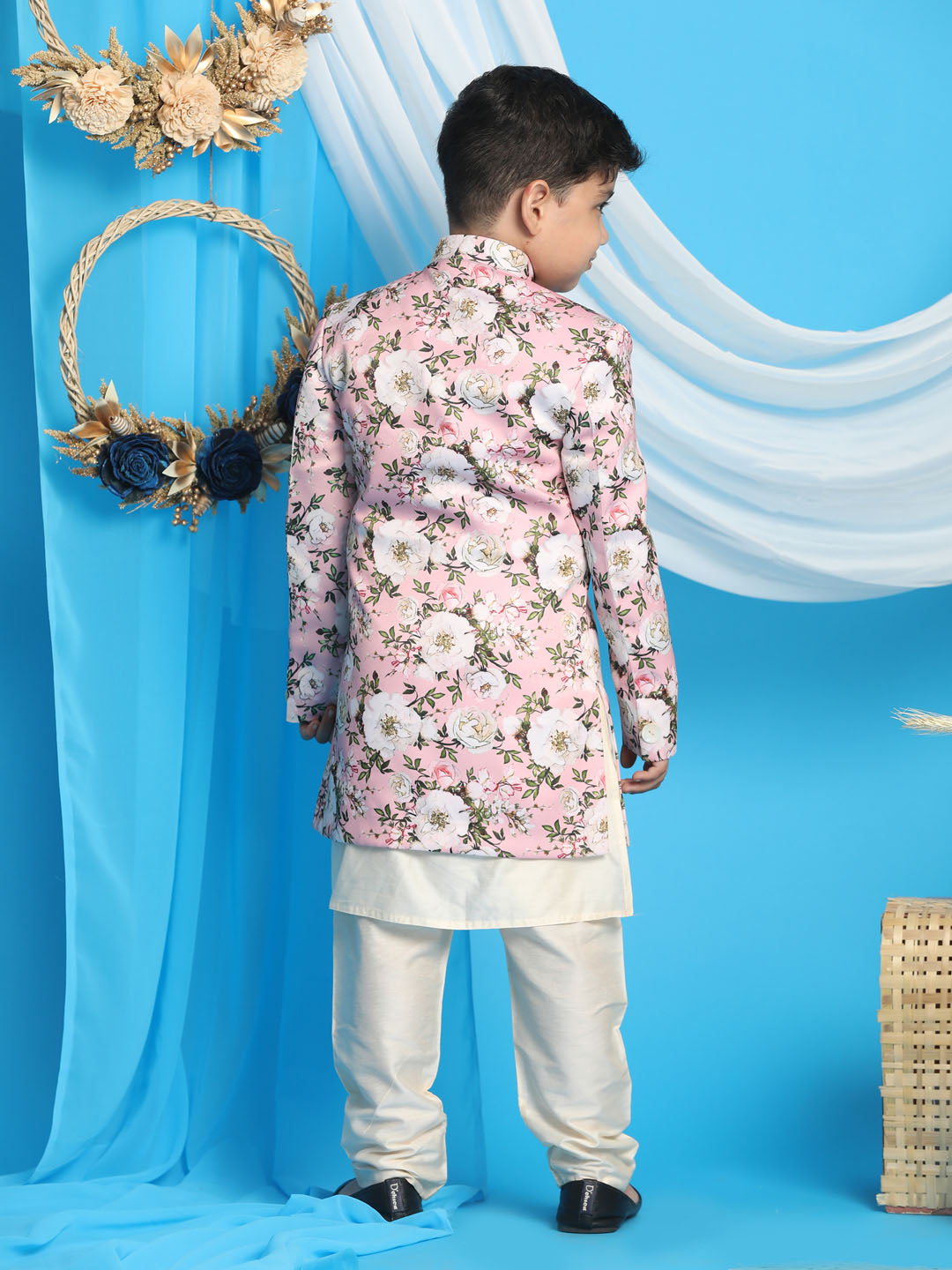 VASTRAMAY Boys' Multicolored-Base-Pink Indowestern Set - qivii