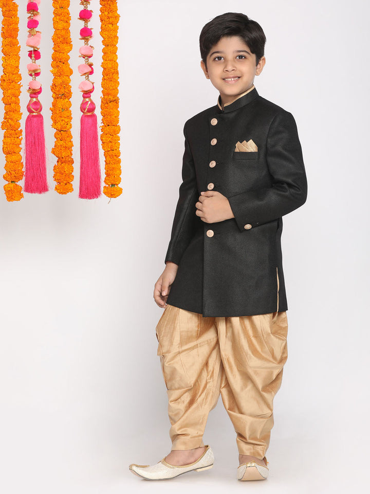 VASTRAMAY Boys Black And Rose Gold Indowestern Set