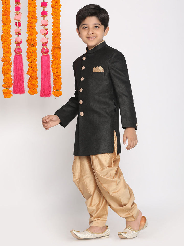 VASTRAMAY Boys Black And Rose Gold Indowestern Set