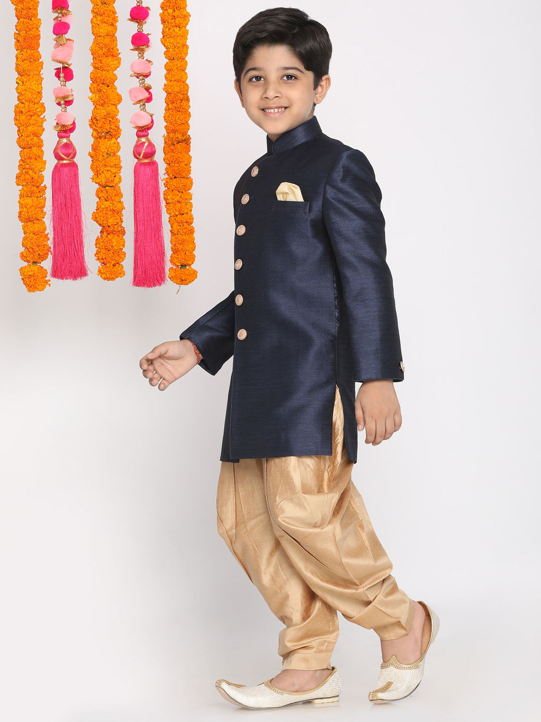 VASTRAMAY Boys Blue And Rose Gold Indowestern Set - qivii