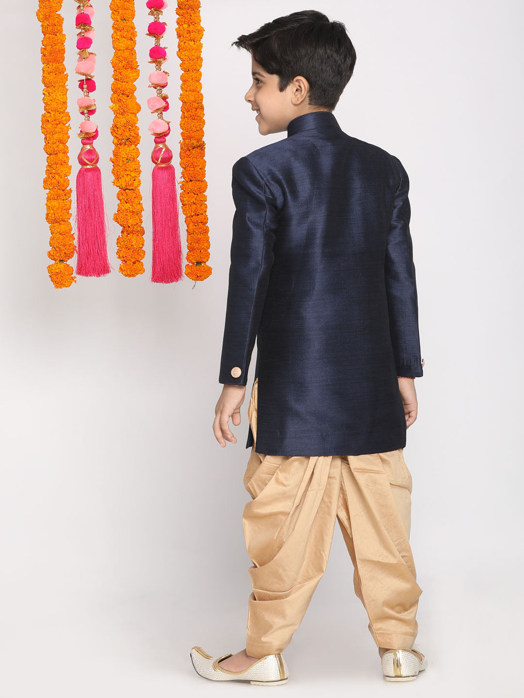 VASTRAMAY Boys Blue And Rose Gold Indowestern Set - qivii