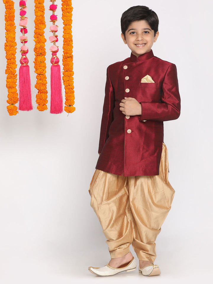 VASTRAMAY Boys Maroon And Rose Gold Indowestern Set