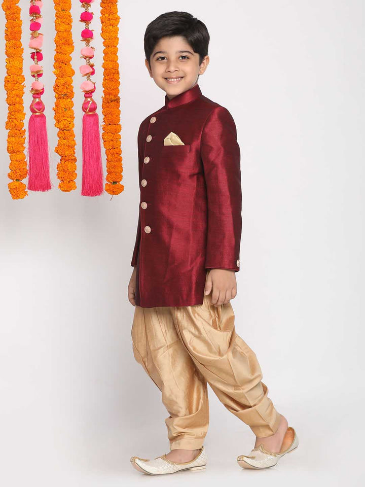 VASTRAMAY Boys Maroon And Rose Gold Indowestern Set