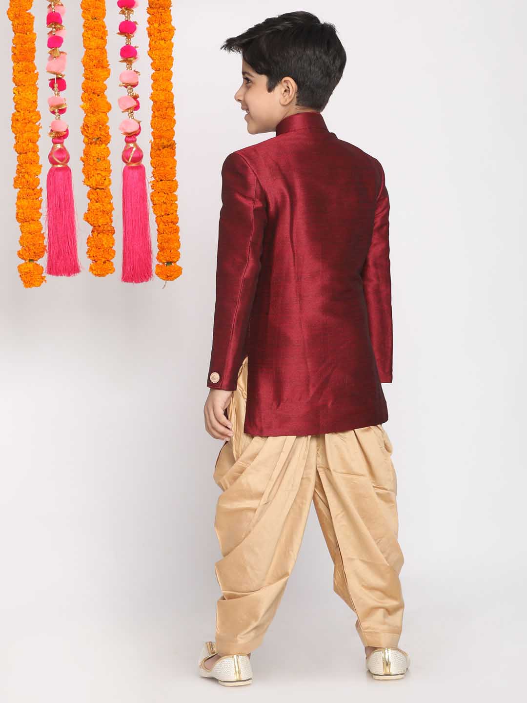 VASTRAMAY Boys Maroon And Rose Gold Indowestern Set