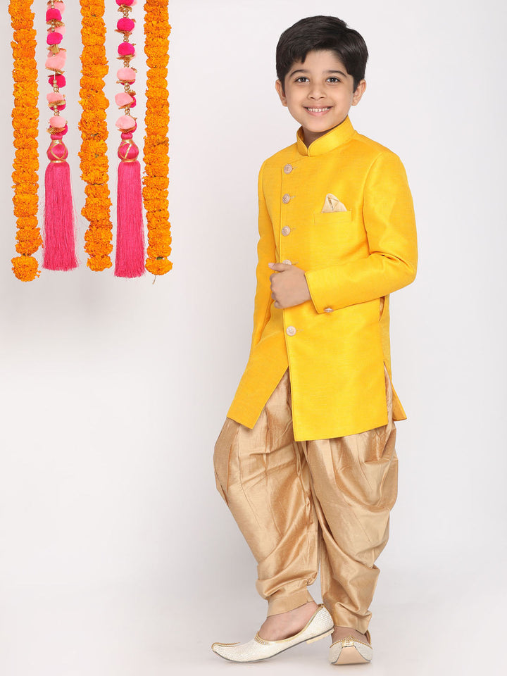 VASTRAMAY Boys Mustard And Rose Gold Indowestern Set