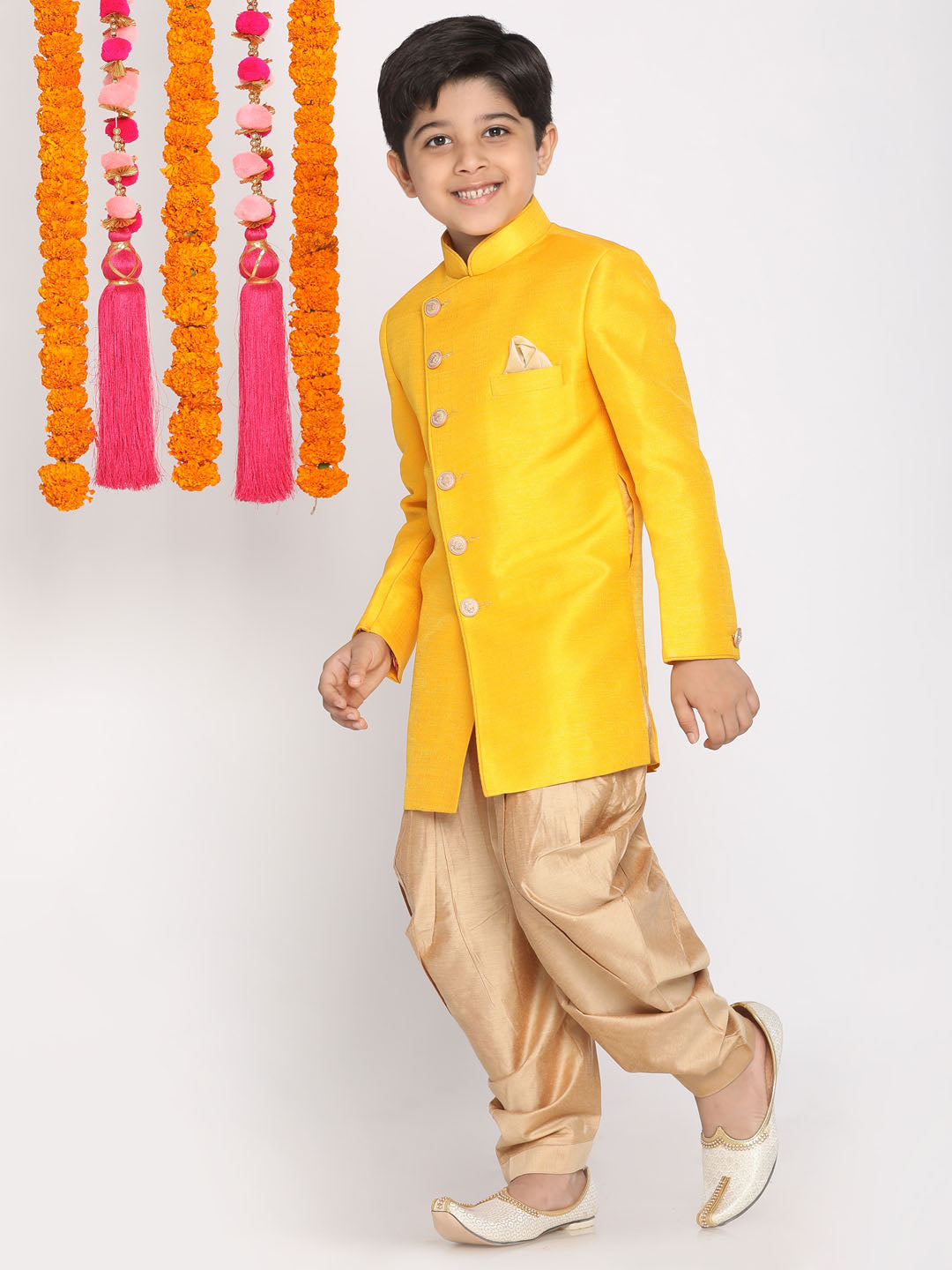 VASTRAMAY Boys Mustard And Rose Gold Indowestern Set