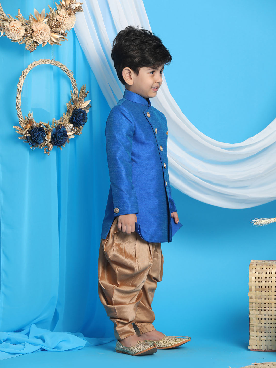 VASTRAMAY Boys Royal Blue And Rose Gold Indowestern Set - qivii