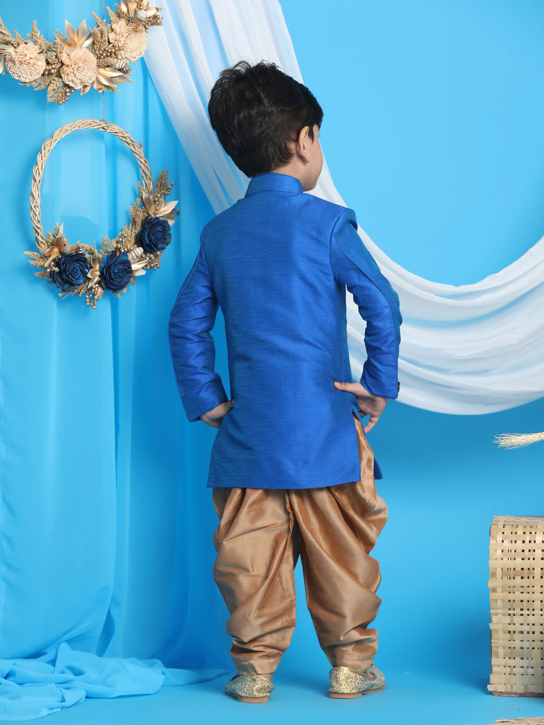 VASTRAMAY Boys Royal Blue And Rose Gold Indowestern Set - qivii