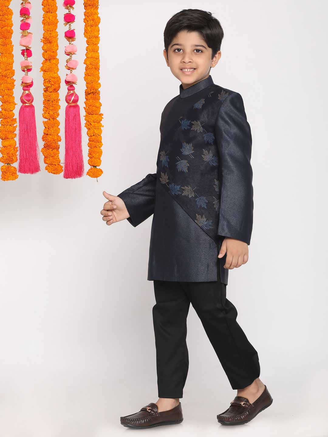 VASTRAMAY Boys Navy Blue Slim-Fit Sherwani Set