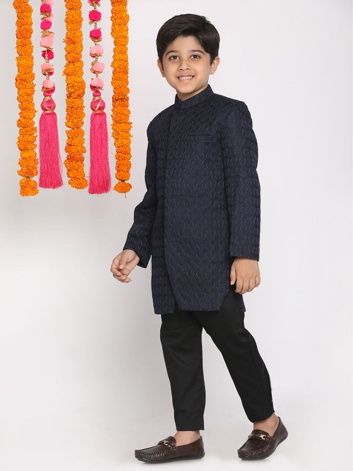 VASTRAMAY Boys Navy Blue Embellished Slim-Fit Sherwani Set