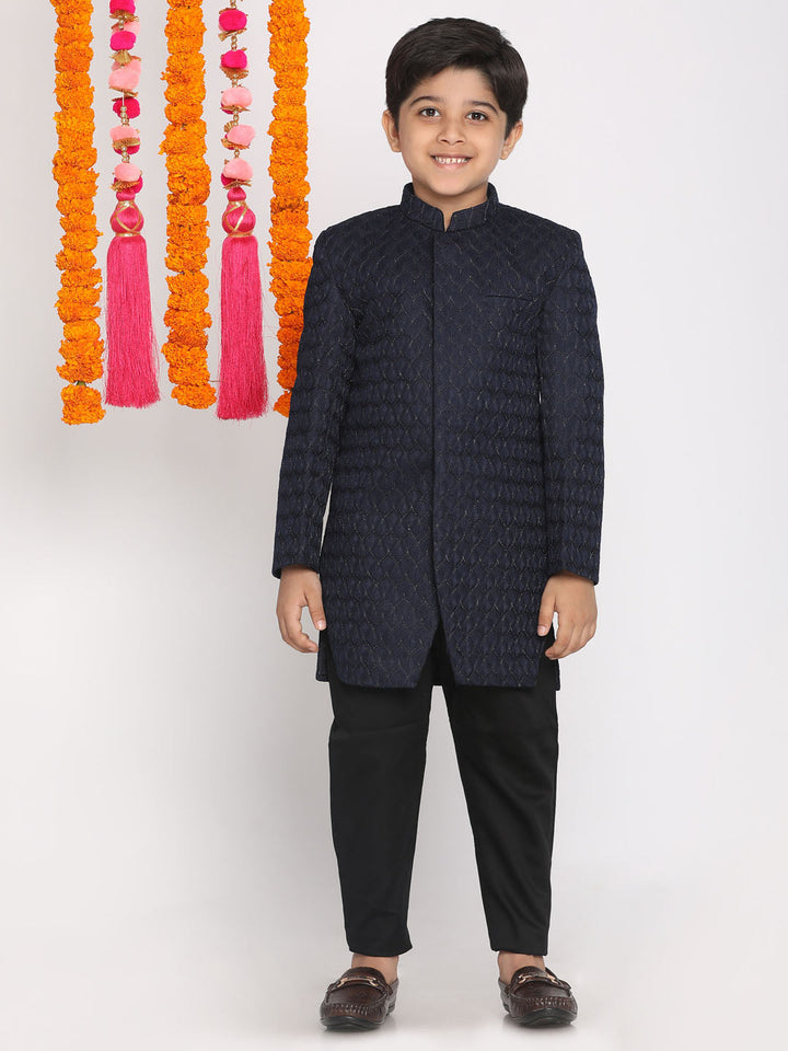 VASTRAMAY Boys Navy Blue Embellished Slim-Fit Sherwani Set