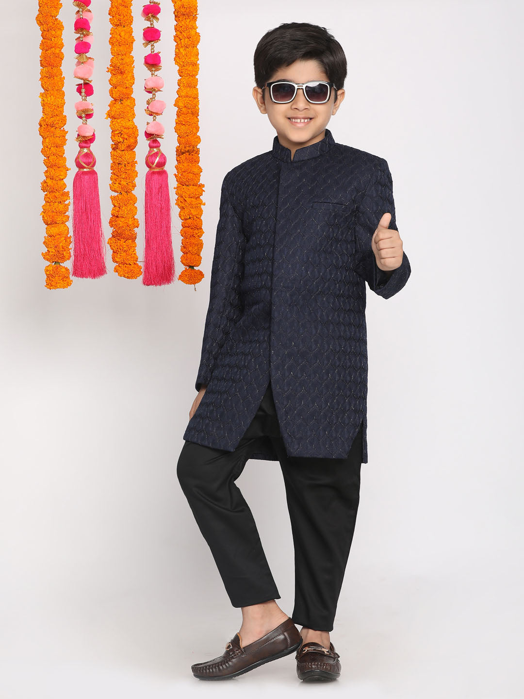 VASTRAMAY Boys Navy Blue Embellished Slim-Fit Sherwani Set