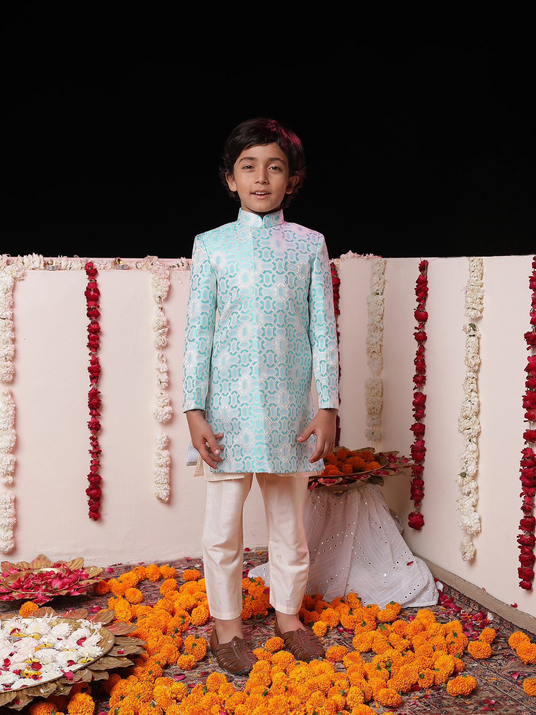 VASTRAMAY Boys' Blue Jacquard Sherwani Set