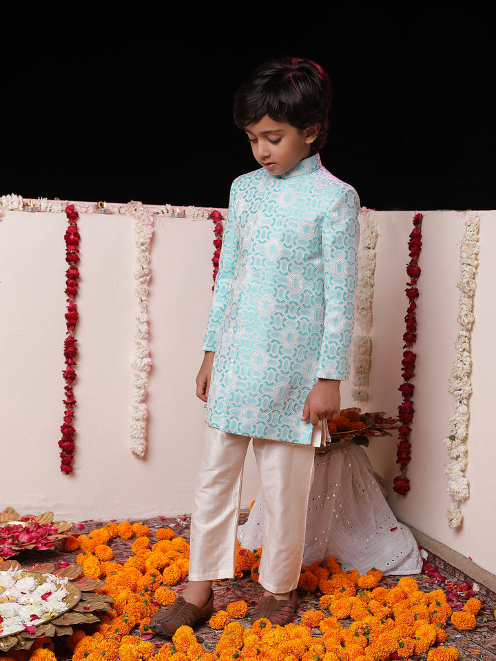 VASTRAMAY Boys' Blue Jacquard Sherwani Set