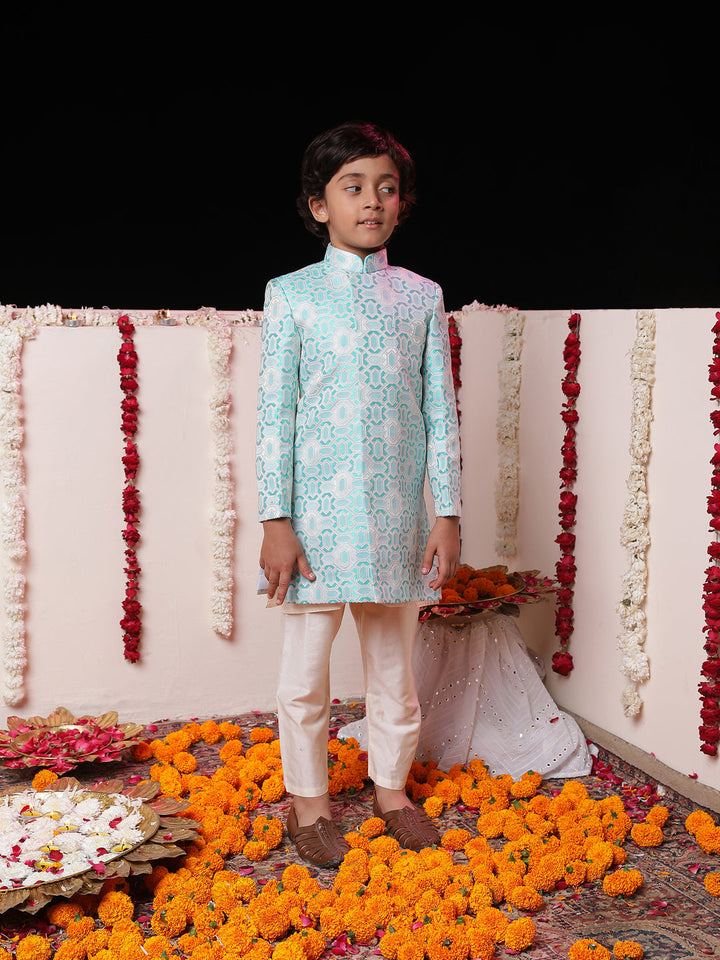 VASTRAMAY Boys' Blue Jacquard Sherwani Set