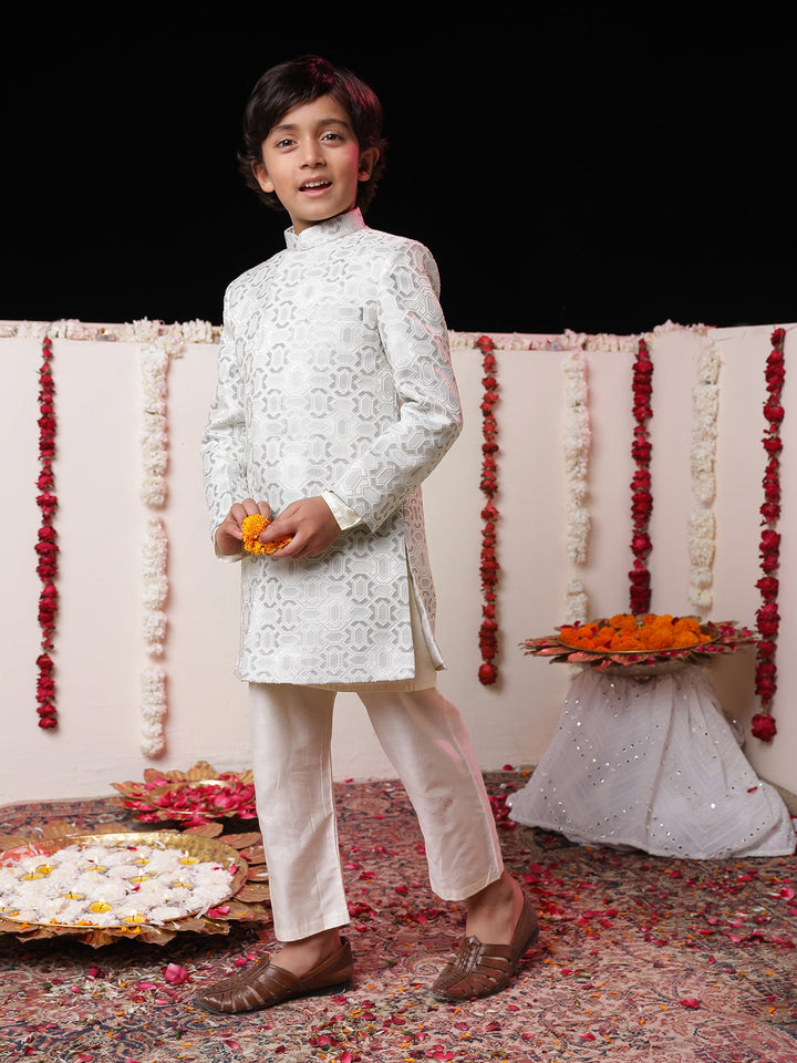 VASTRAMAY Boys' Grey Jacquard Sherwani Set