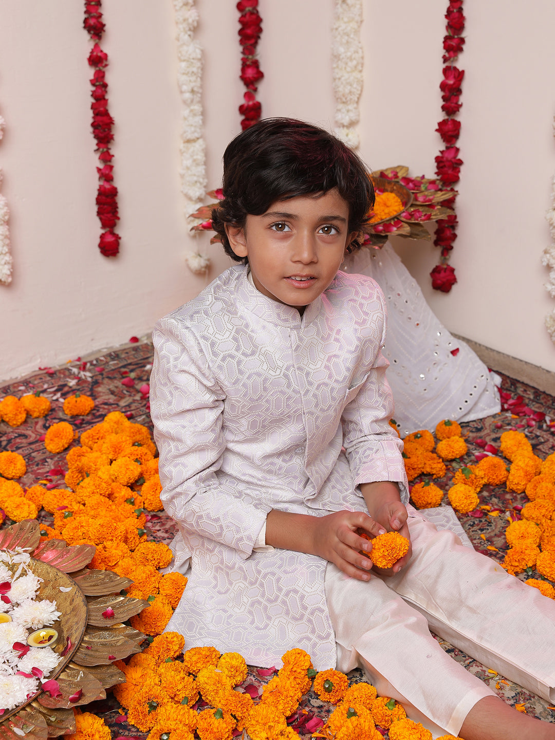 VASTRAMAY Boys' Purple Jacquard Sherwani Set